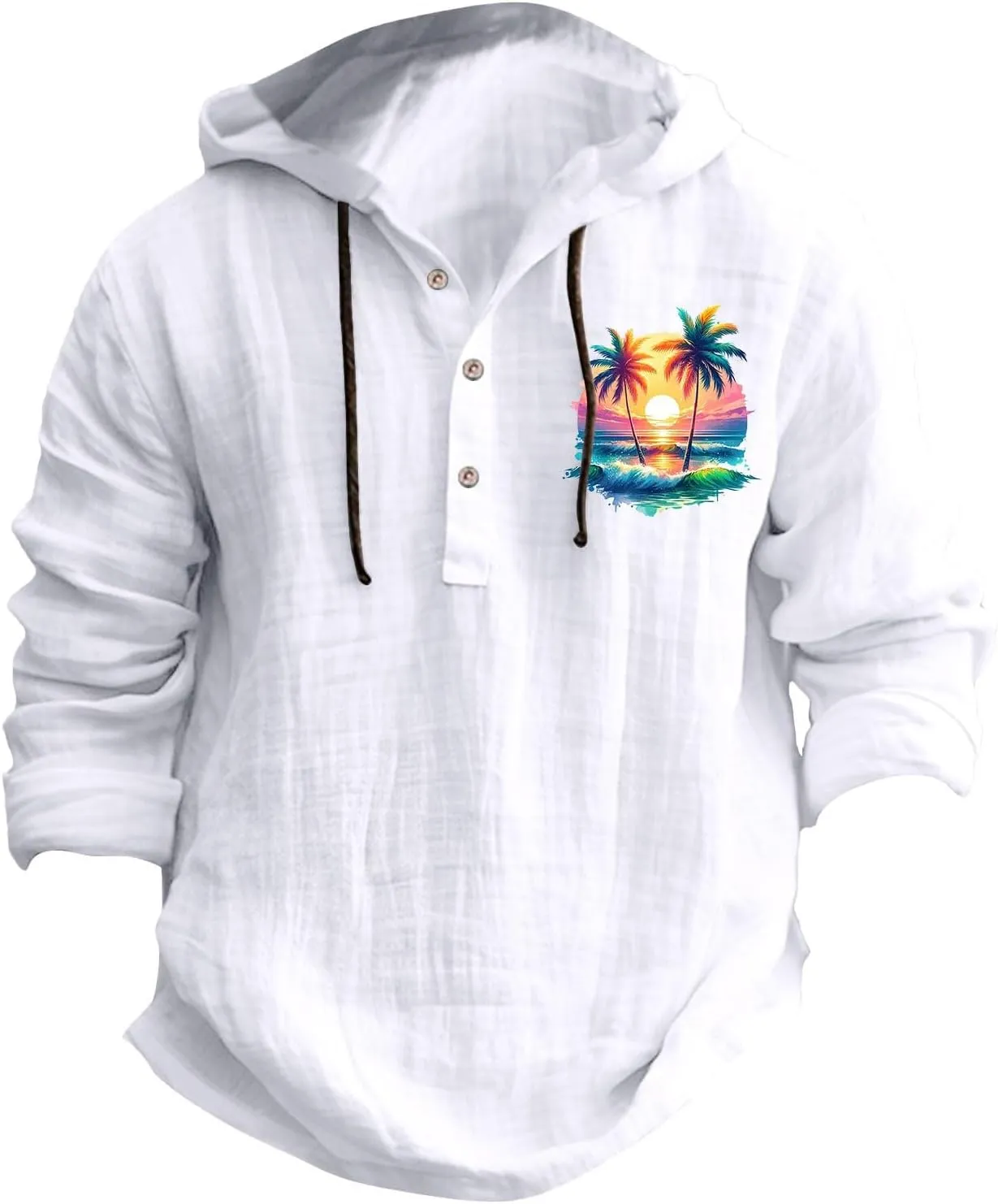 Men's Linen Shirts Retro Long Sleeve Guayabera Shirt with Hood Lightweight Loose Hipster Hawaiian Beach Aloha Blouse