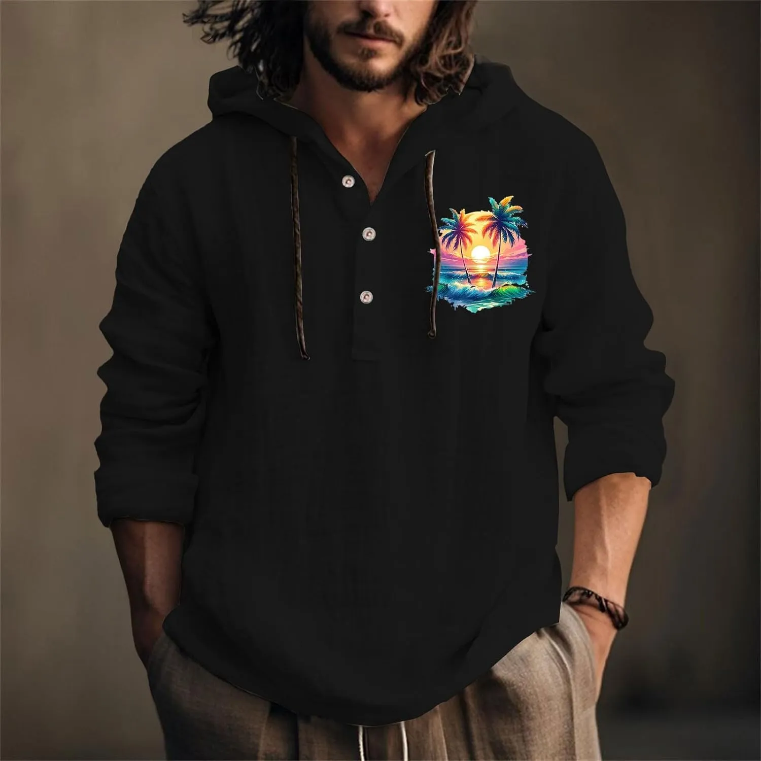 Men's Linen Shirts Retro Long Sleeve Guayabera Shirt with Hood Lightweight Loose Hipster Hawaiian Beach Aloha Blouse