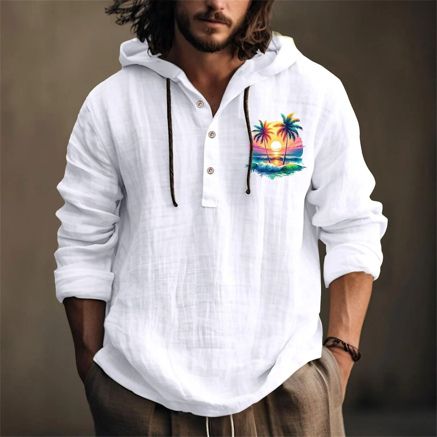 Men's Linen Shirts Retro Long Sleeve Guayabera Shirt with Hood Lightweight Loose Hipster Hawaiian Beach Aloha Blouse