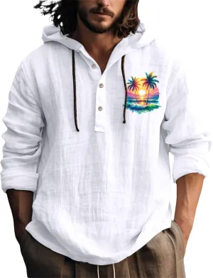 Men's Linen Shirts Retro Long Sleeve Guayabera Shirt with Hood Lightweight Loose Hipster Hawaiian Beach Aloha Blouse