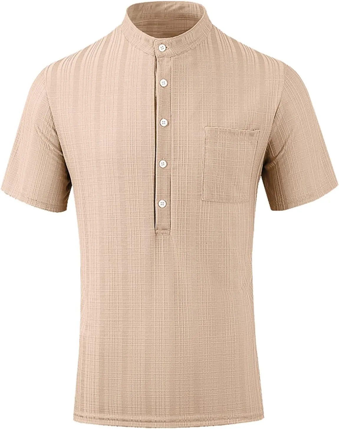 Mens Linen Shirts Short Sleeve Casual Cotton T-Shirts Summer Button Henley Shirt Lightweight Loose Beach Tee Tops