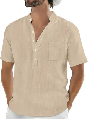 Mens Linen Shirts Short Sleeve Casual Cotton T-Shirts Summer Button Henley Shirt Lightweight Loose Beach Tee Tops