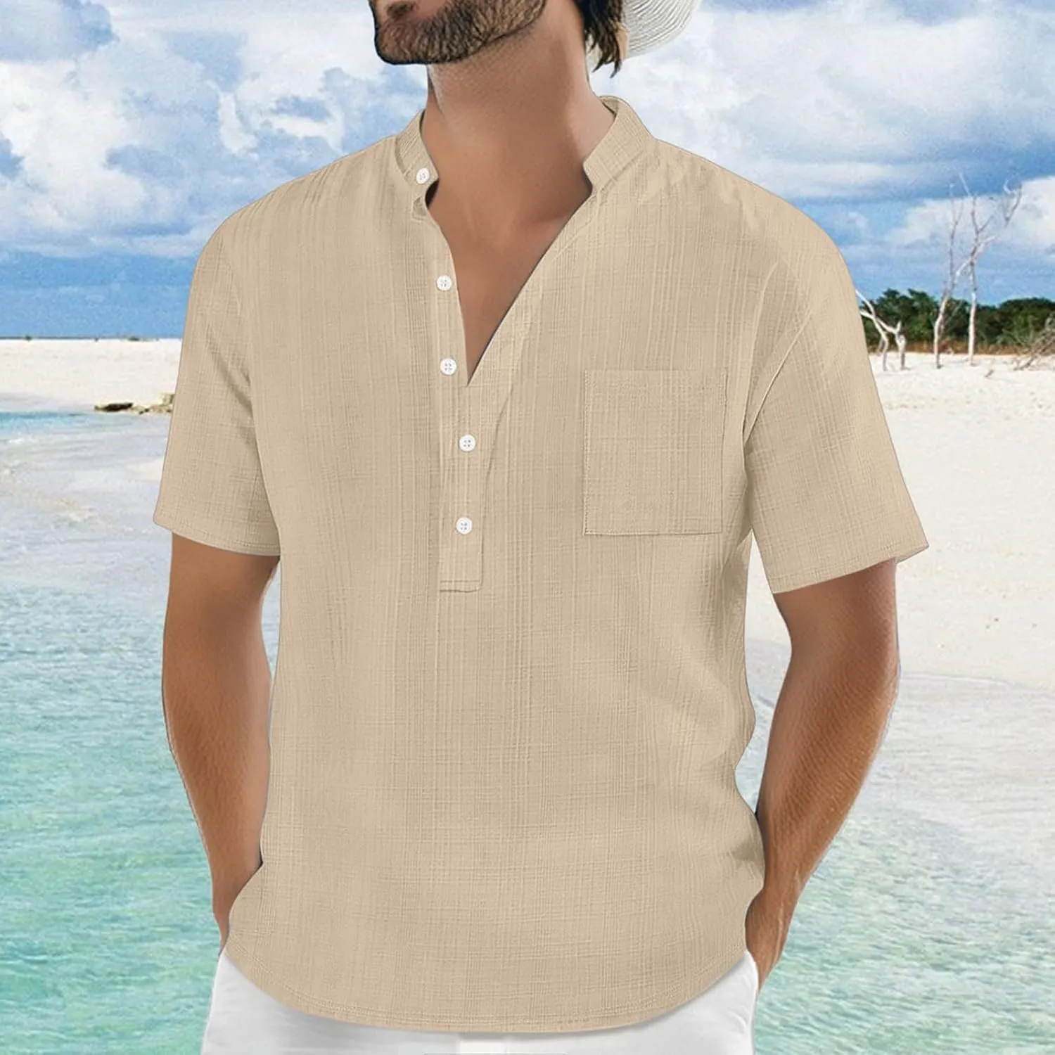 Mens Linen Shirts Short Sleeve Casual Cotton T-Shirts Summer Button Henley Shirt Lightweight Loose Beach Tee Tops