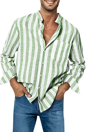 Men's Linen Shirts Summer Short Sleeve Striped Dress Shirt Vintage Loose Breathable Beach Hawaiian Top with Pockets