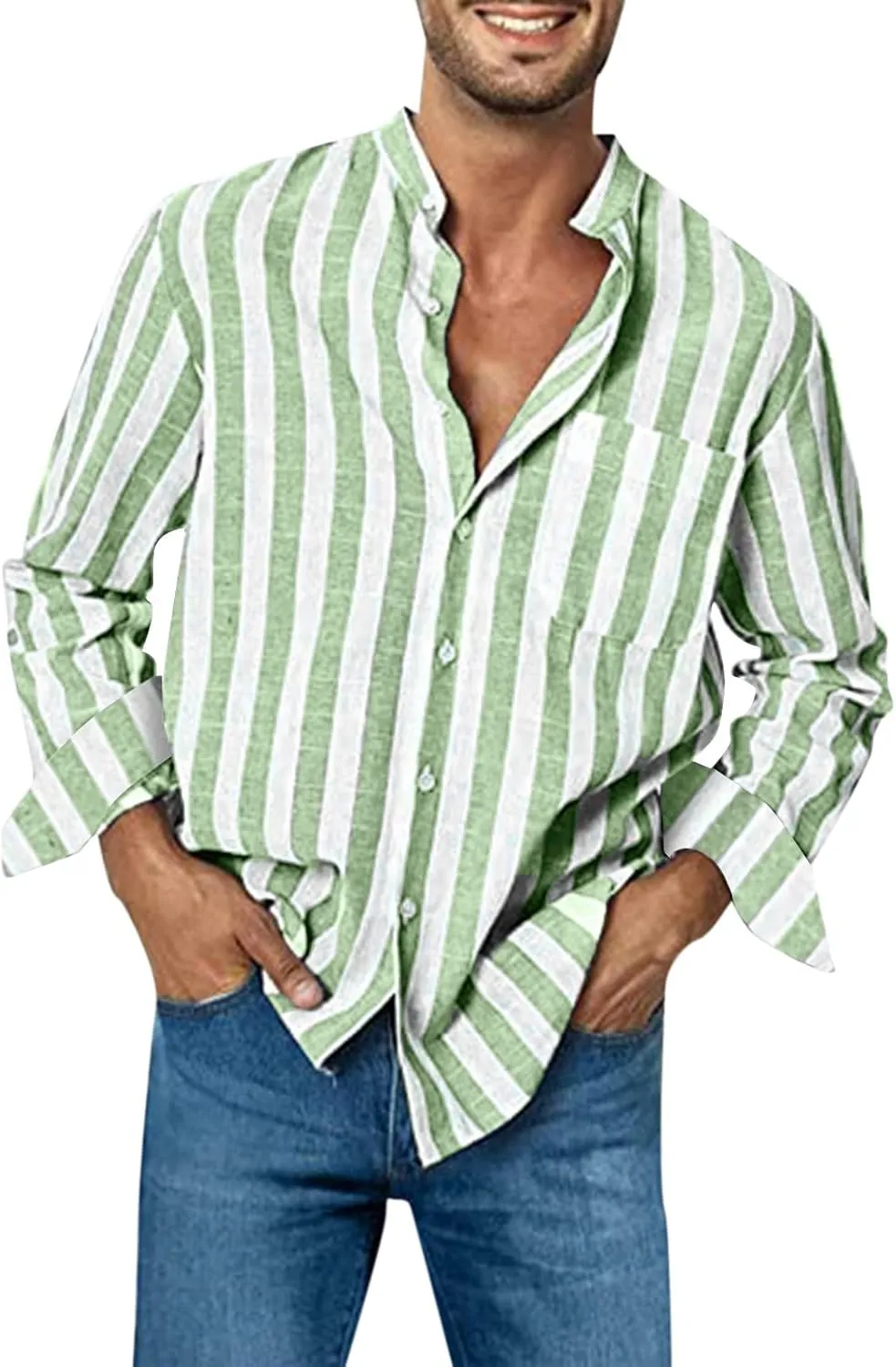 Men's Linen Shirts Summer Short Sleeve Striped Dress Shirt Vintage Loose Breathable Beach Hawaiian Top with Pockets