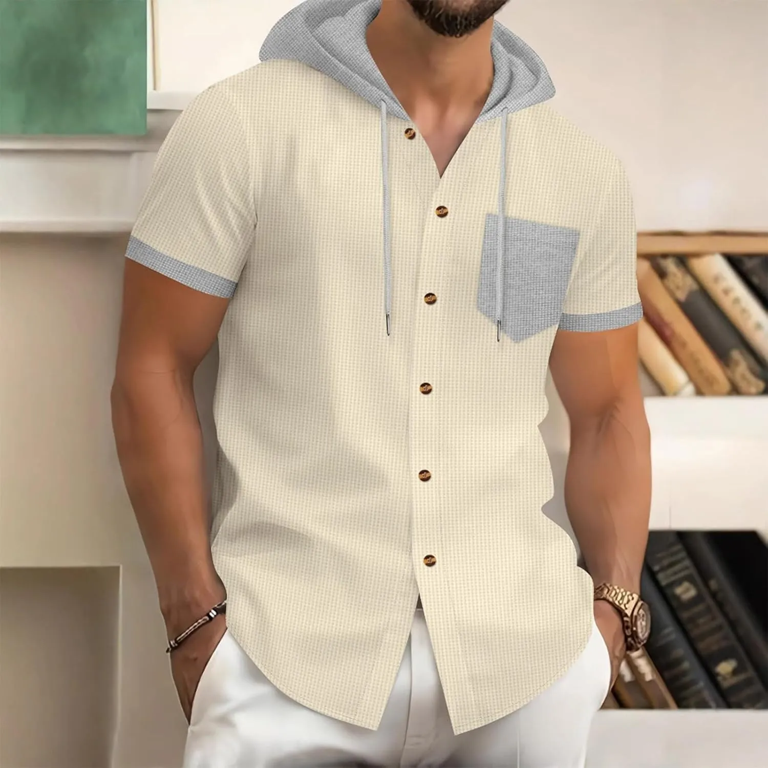 Mens Linen Shirts with Hood Trendy Short Sleeve Button Down Waffle Hooded Shirt Casual Lace Up Cuban Guayabera Blouses