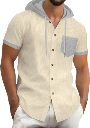 Mens Linen Shirts with Hood Trendy Short Sleeve Button Down Waffle Hooded Shirt Casual Lace Up Cuban Guayabera Blouses