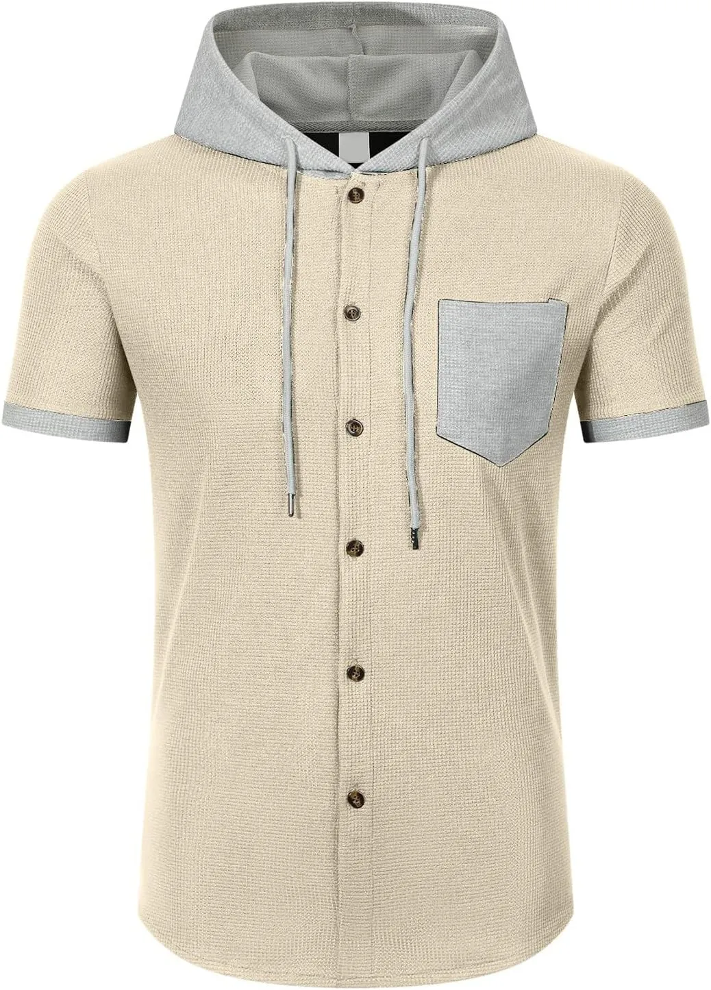 Mens Linen Shirts with Hood Trendy Short Sleeve Button Down Waffle Hooded Shirt Casual Lace Up Cuban Guayabera Blouses