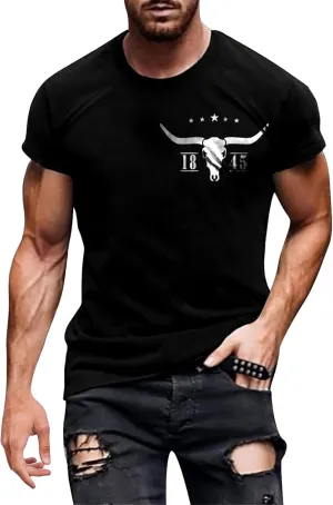Mens Slim Fit Graphic Tees 2025 Trendy Short Sleeve Vintage T-Shirts Letter Horns Print Casual Crewneck Cotton Tops