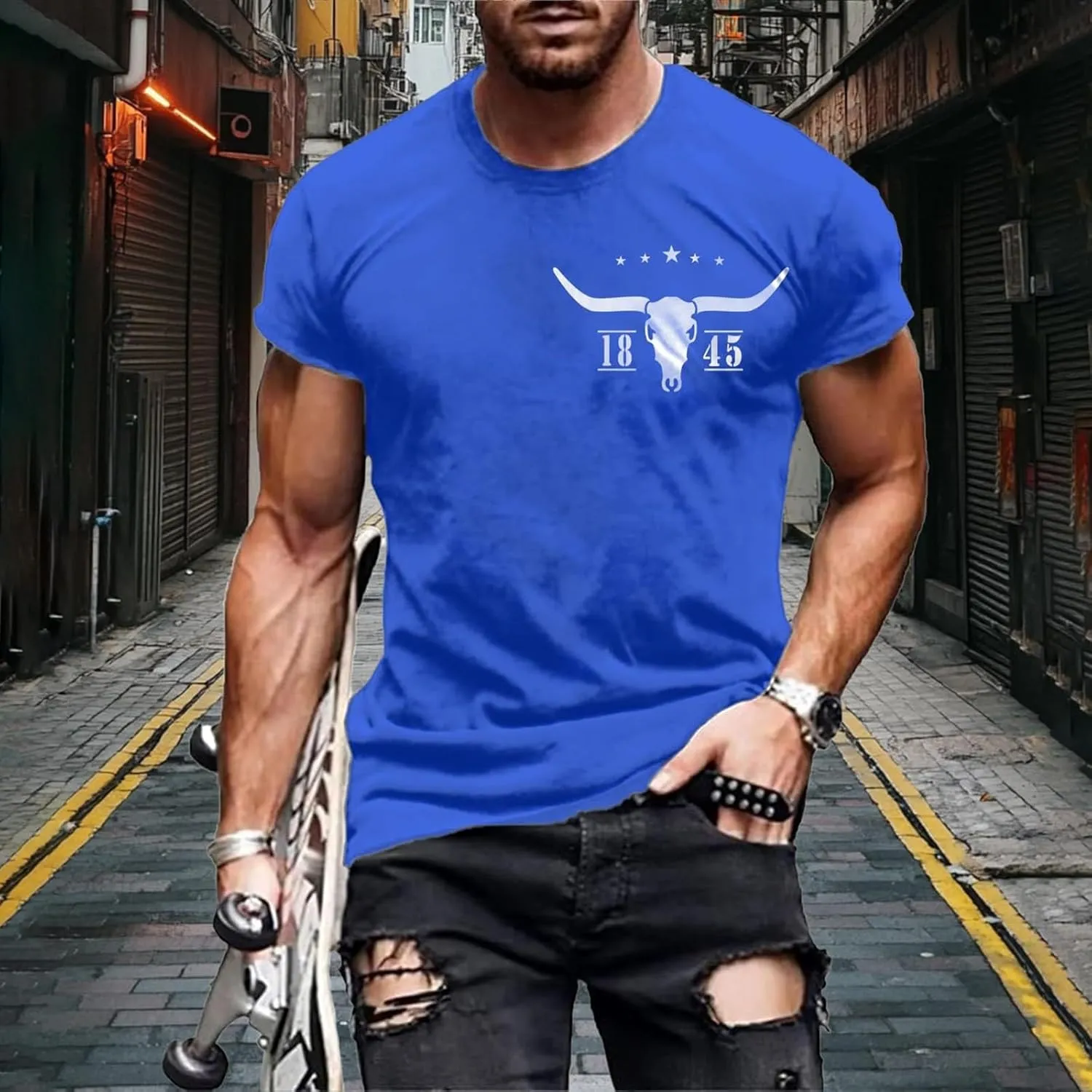 Mens Slim Fit Graphic Tees 2025 Trendy Short Sleeve Vintage T-Shirts Letter Horns Print Casual Crewneck Cotton Tops