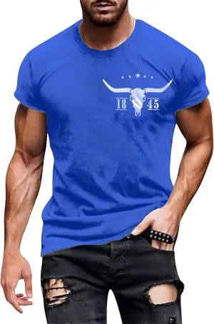 Mens Slim Fit Graphic Tees 2025 Trendy Short Sleeve Vintage T-Shirts Letter Horns Print Casual Crewneck Cotton Tops