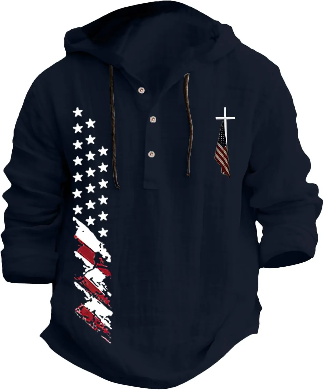 Men's USA Patriotic Linen Shirts Stylish Big and Tall Loose Hooded Pullover 3/4 Sleeve Lightweight Cotton Beach Tops