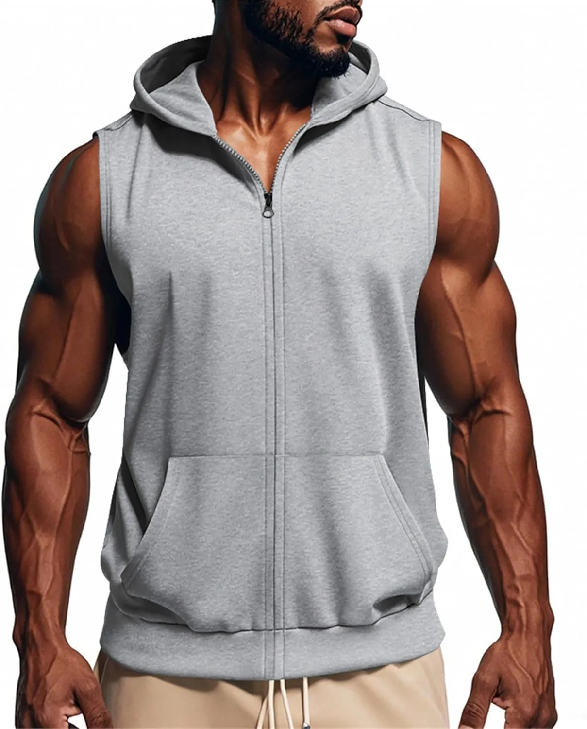 Men's Workout Hooded Tank Tops Lightweight Full Zip Up Sleeveless Gym Shirts Vest Muscle Cut Off T Shirt