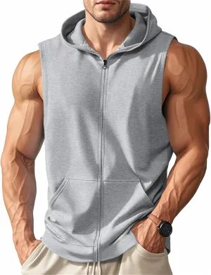Men's Workout Hooded Tank Tops Lightweight Full Zip Up Sleeveless Gym Shirts Vest Muscle Cut Off T Shirt