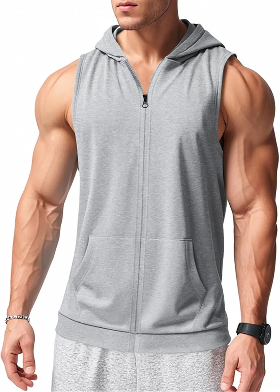 Men's Workout Hooded Tank Tops Lightweight Full Zip Up Sleeveless Gym Shirts Vest Muscle Cut Off T Shirt