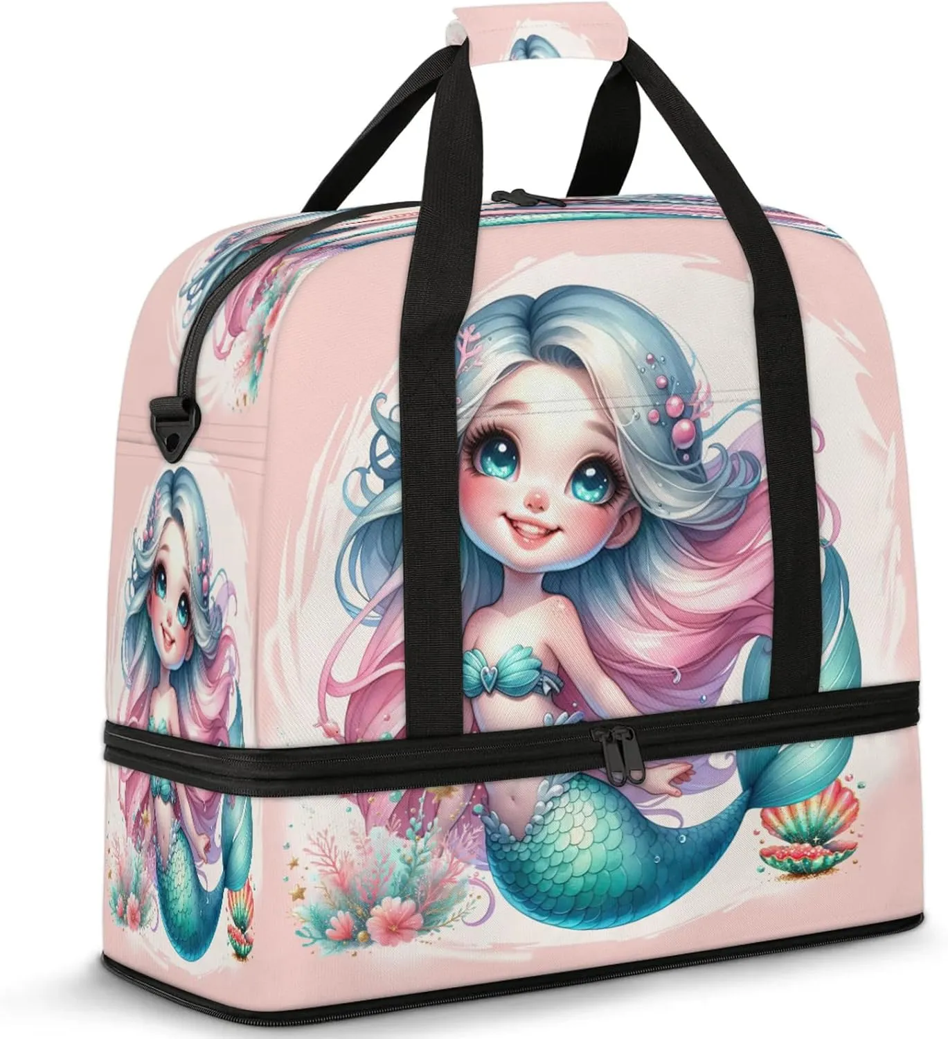 Mermaid Beautiful Ocean Travel Duffel Bags for Women & Men Large Sports Gym Bags Foldie Weekender Overnight Bag Carry On Tote Bag With Shoe Compartment Personal Item Luggage for Travel Sports Gym