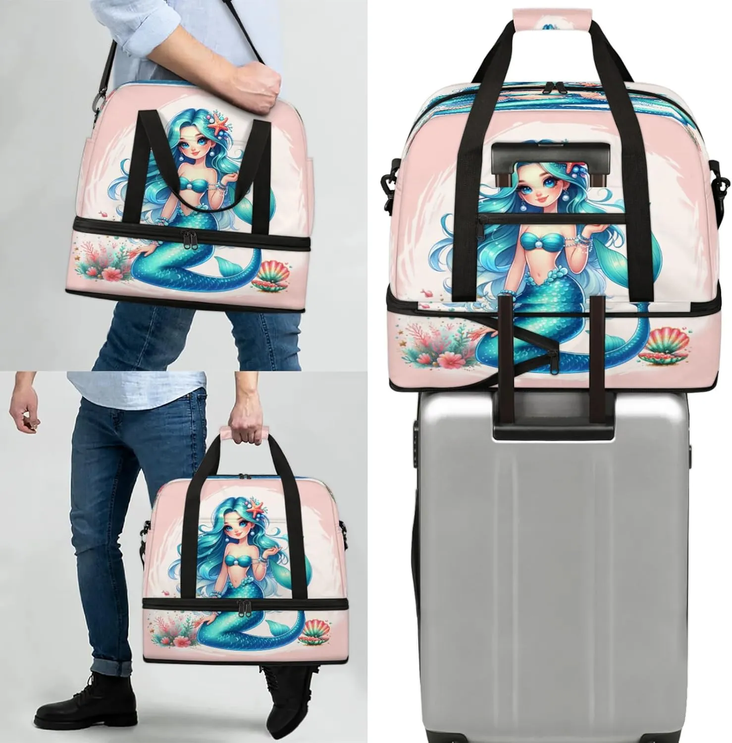 Mermaid Blue Ocean Travel Duffel Bags for Women & Men Large Sports Gym Bags Foldie Weekender Overnight Bag Carry On Tote Bag With Shoe Compartment Personal Item Luggage for Travel Sports Gym