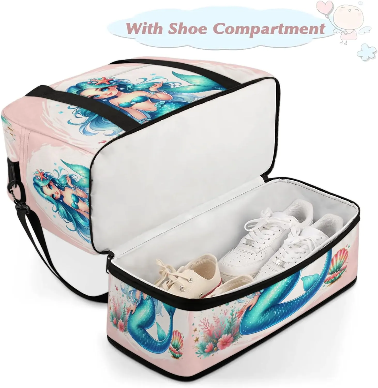 Mermaid Blue Ocean Travel Duffel Bags for Women & Men Large Sports Gym Bags Foldie Weekender Overnight Bag Carry On Tote Bag With Shoe Compartment Personal Item Luggage for Travel Sports Gym