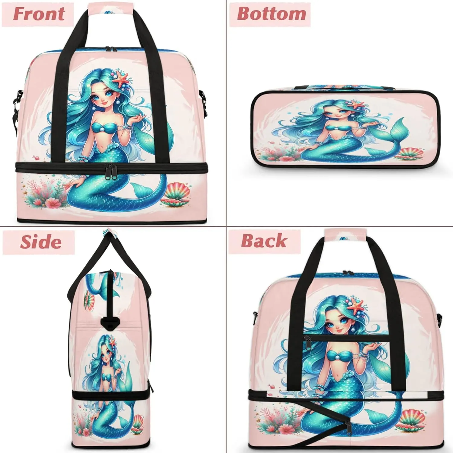 Mermaid Blue Ocean Travel Duffel Bags for Women & Men Large Sports Gym Bags Foldie Weekender Overnight Bag Carry On Tote Bag With Shoe Compartment Personal Item Luggage for Travel Sports Gym