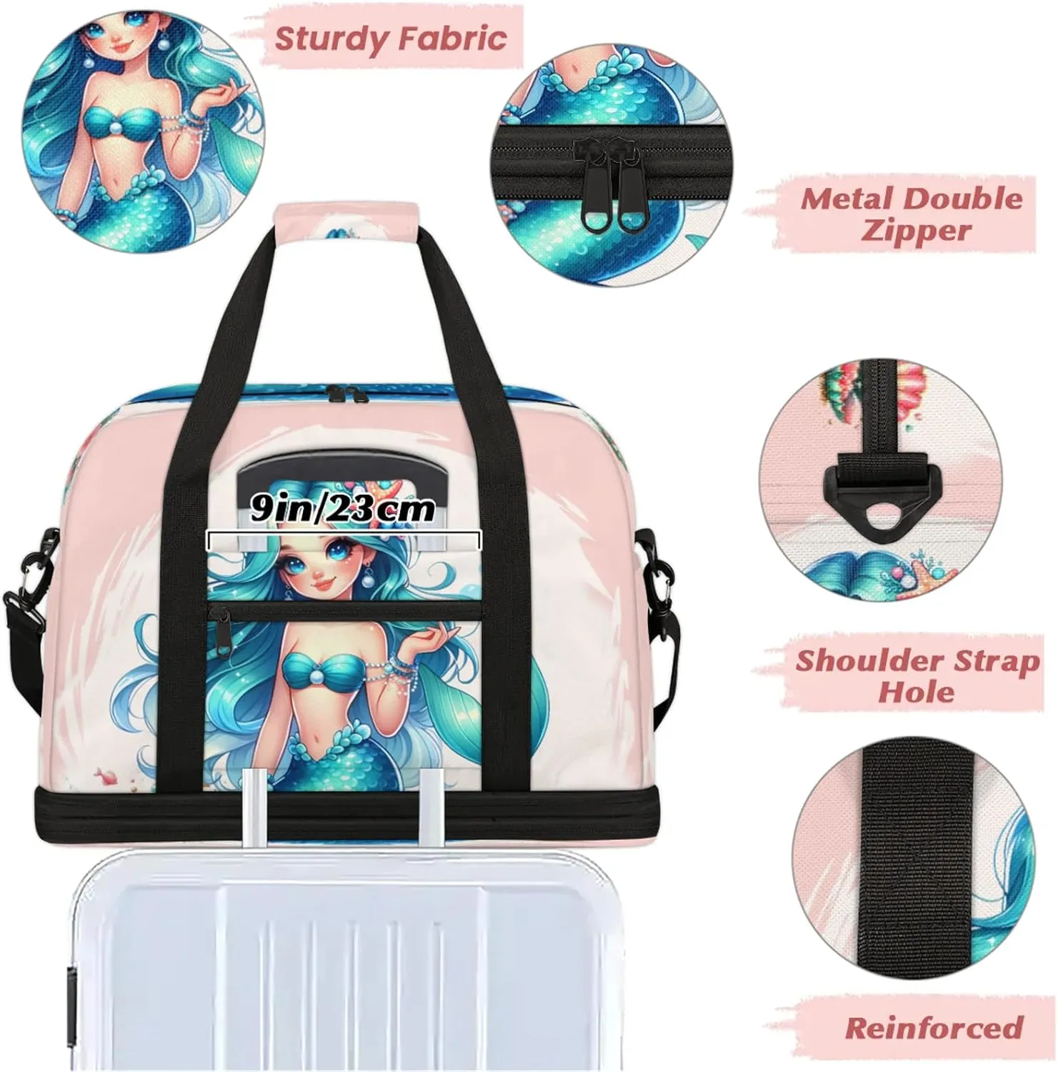 Mermaid Blue Ocean Travel Duffel Bags for Women & Men Large Sports Gym Bags Foldie Weekender Overnight Bag Carry On Tote Bag With Shoe Compartment Personal Item Luggage for Travel Sports Gym