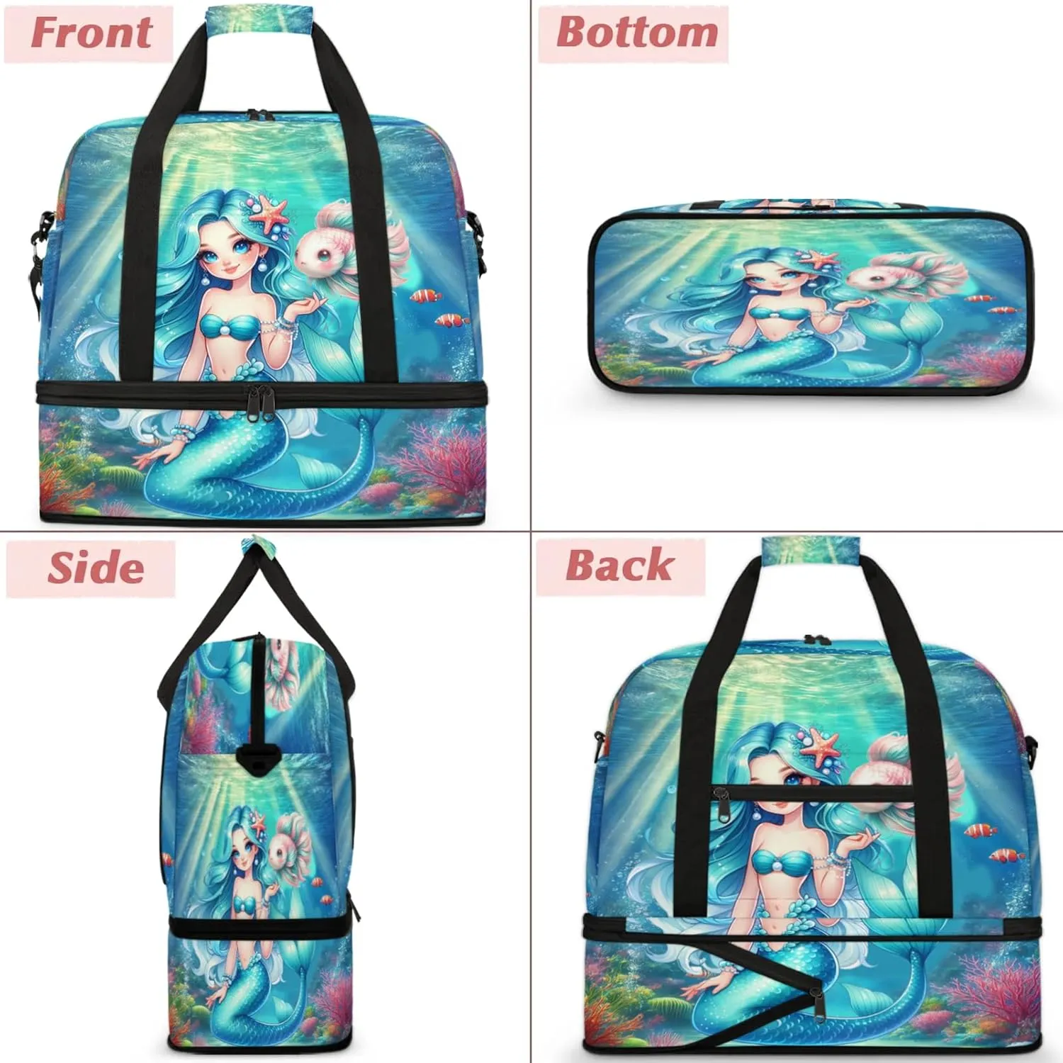 Mermaid Ocean Fish Travel Duffel Bags for Women & Men Large Sports Gym Bags Foldie Weekender Overnight Bag Carry On Tote Bag With Shoe Compartment Personal Item Luggage for Travel Sports Gym