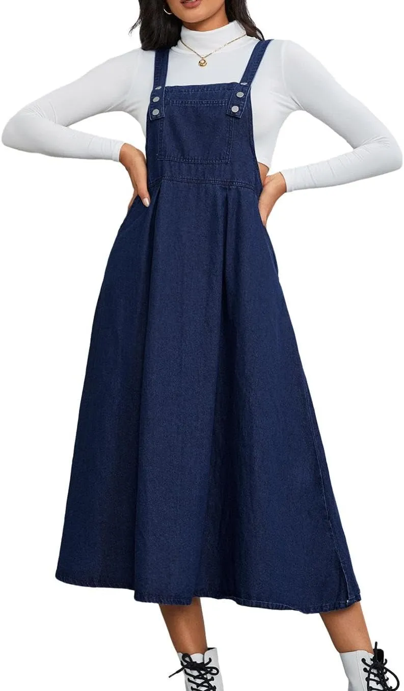 Milumia Women's Casual Denim Overall Dress Sleeveless Flowy Baggy Long Jean Jumper Dresses