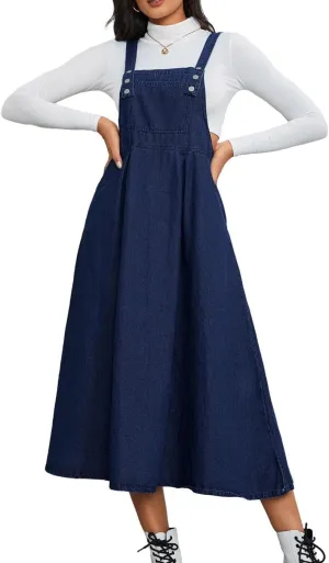 Milumia Women's Casual Denim Overall Dress Sleeveless Flowy Baggy Long Jean Jumper Dresses