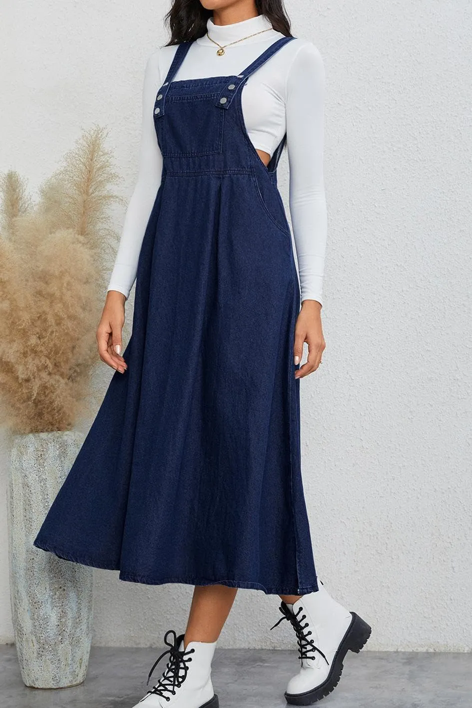 Milumia Women's Casual Denim Overall Dress Sleeveless Flowy Baggy Long Jean Jumper Dresses