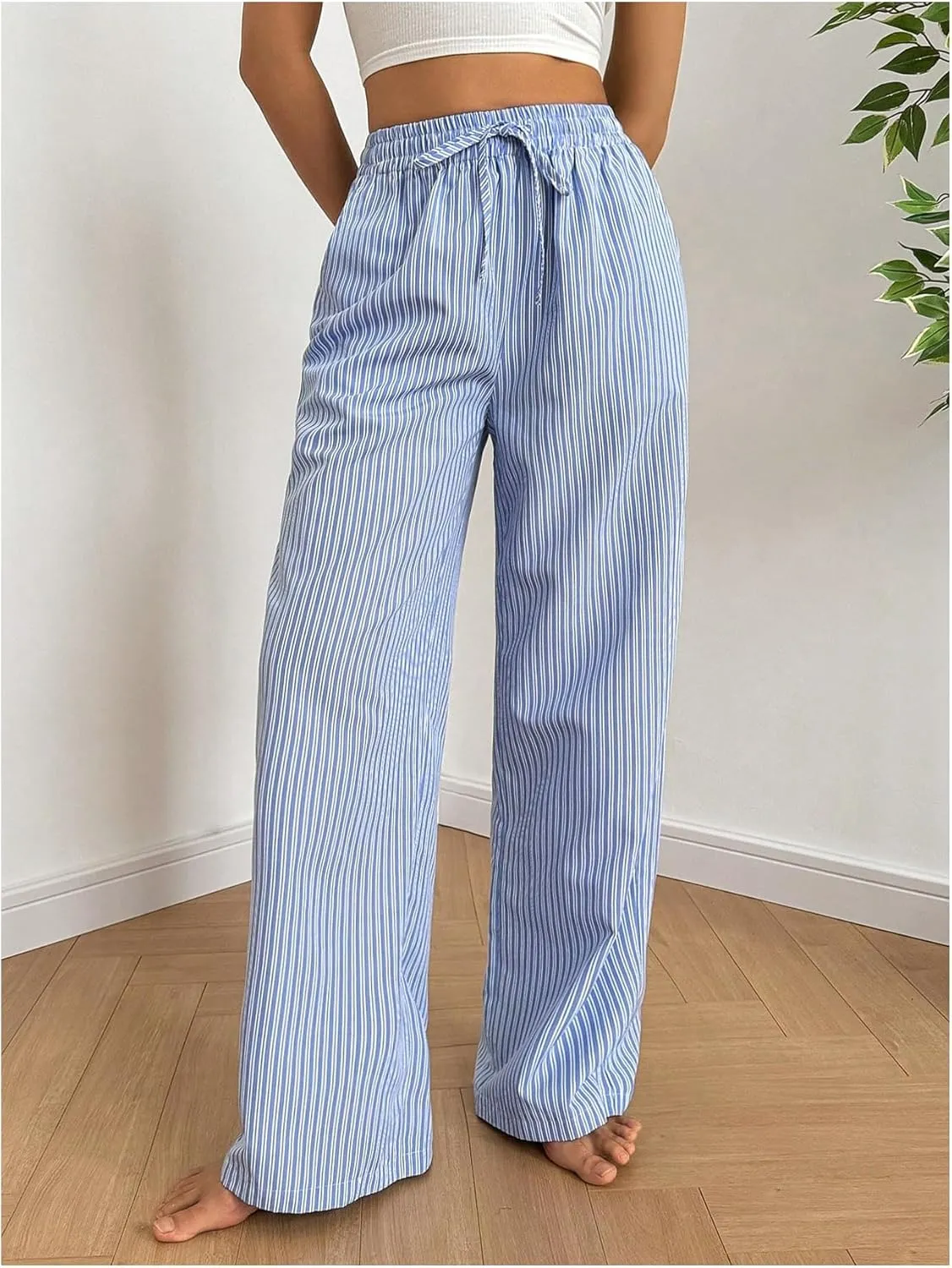 Milumia Women's Striped Drawstring High Waist Long Pants Casual Straight Leg Trousers