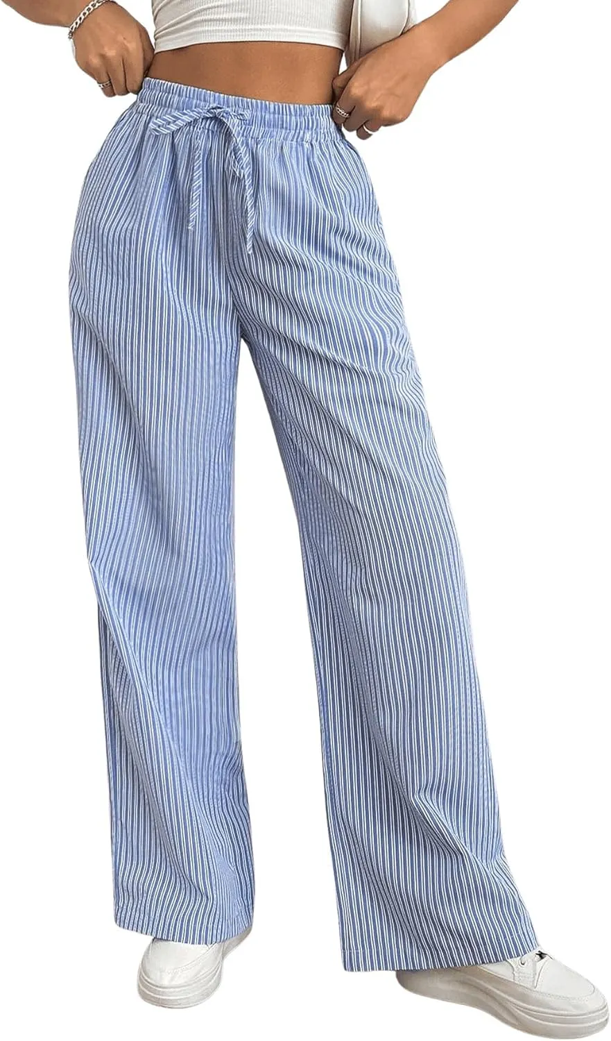 Milumia Women's Striped Drawstring High Waist Long Pants Casual Straight Leg Trousers