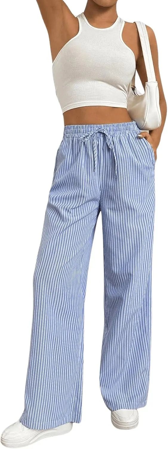 Milumia Women's Striped Drawstring High Waist Long Pants Casual Straight Leg Trousers