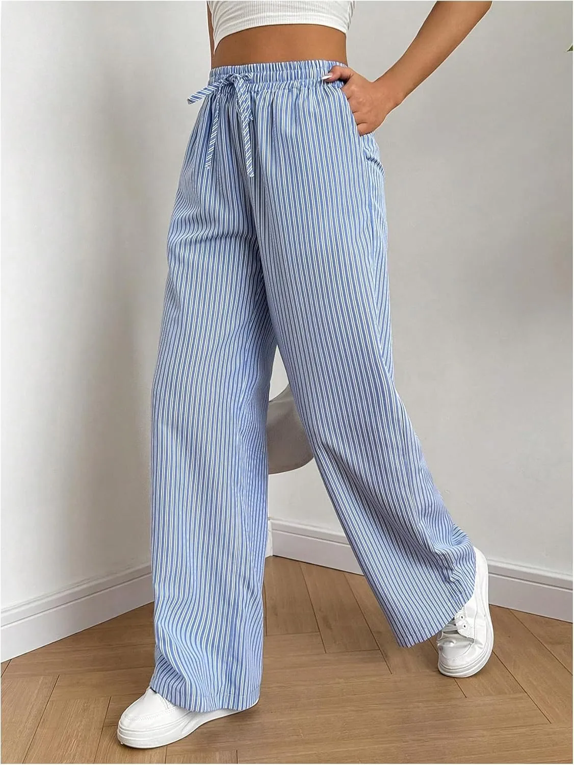 Milumia Women's Striped Drawstring High Waist Long Pants Casual Straight Leg Trousers