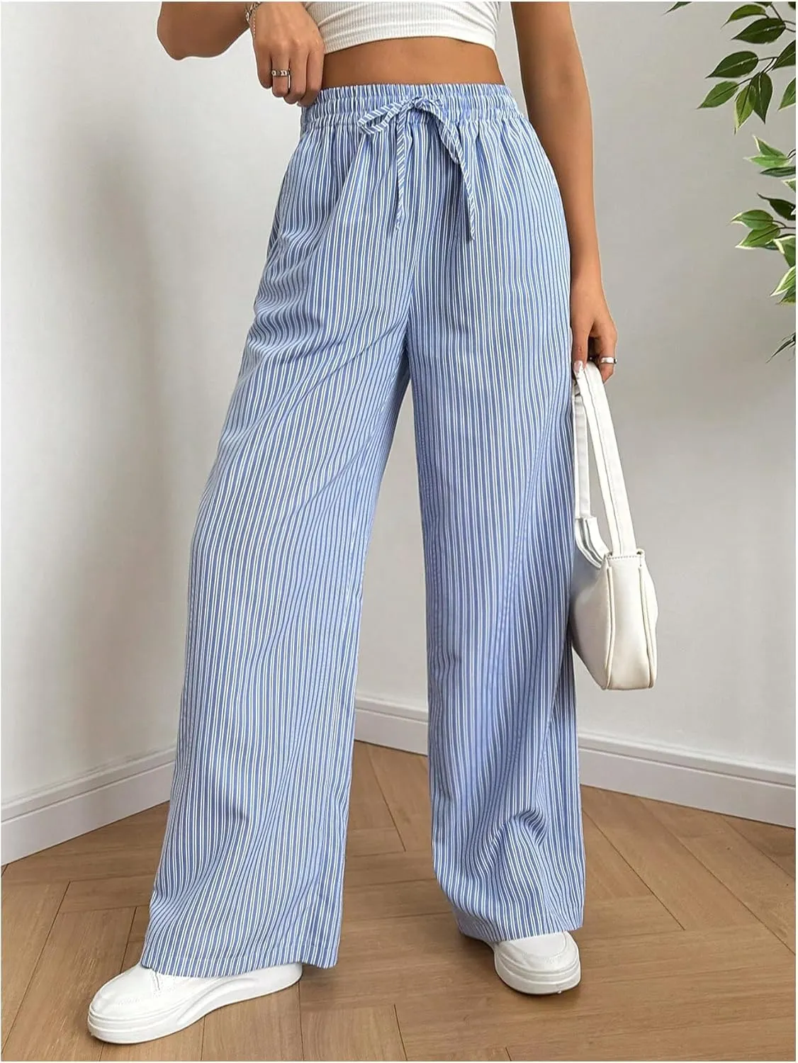 Milumia Women's Striped Drawstring High Waist Long Pants Casual Straight Leg Trousers