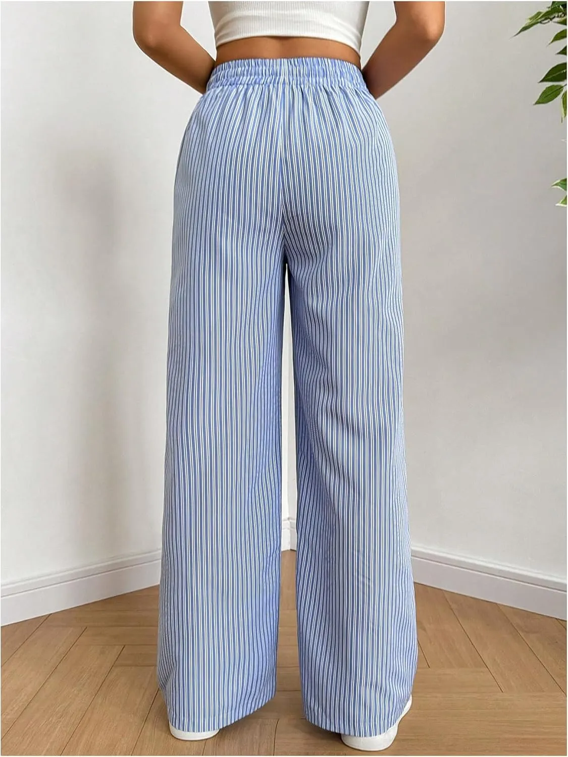 Milumia Women's Striped Drawstring High Waist Long Pants Casual Straight Leg Trousers