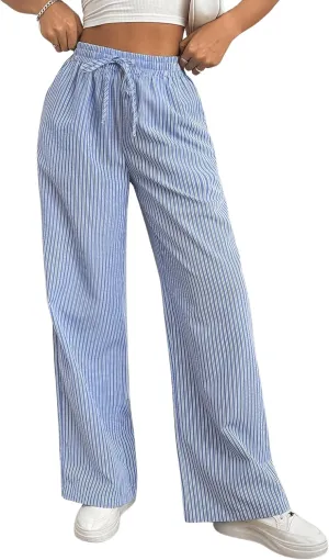 Milumia Women's Striped Drawstring High Waist Long Pants Casual Straight Leg Trousers