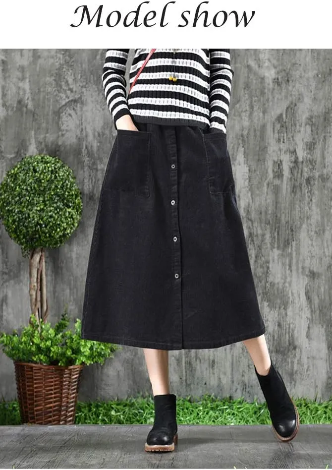 Minibee Women's Corduroy Midi Skirt Front Split Buttons Decoration A-Line Dress