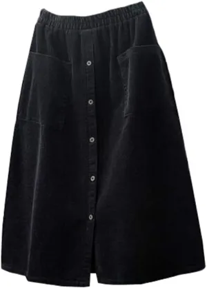 Minibee Women's Corduroy Midi Skirt Front Split Buttons Decoration A-Line Dress