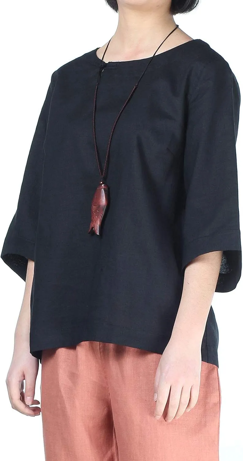 Minibee Women's Linen Blouse Round Neck 3/4 Sleeve Shirt Tops with Chinese Frog Button