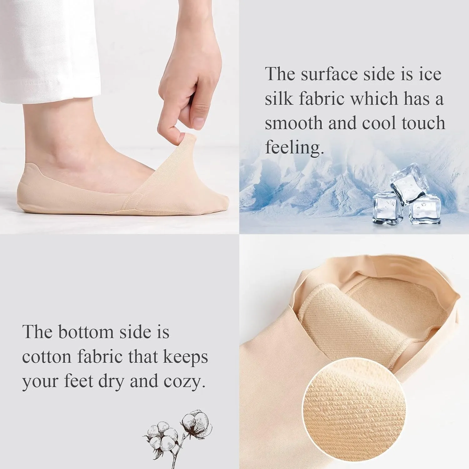 Non Slip No Show Socks for Women Low Cut Thin Footies Invisible Silky Cooling Socks for Loafers Flats 10 Pairs