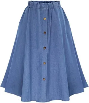 PEHMEA Women's Casual Button Front A-Line Flowy Pleated Midi Long Denim Skirts
