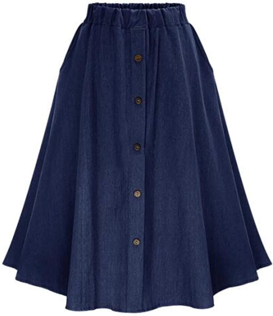 PEHMEA Women's Casual Button Front A-Line Flowy Pleated Midi Long Denim Skirts