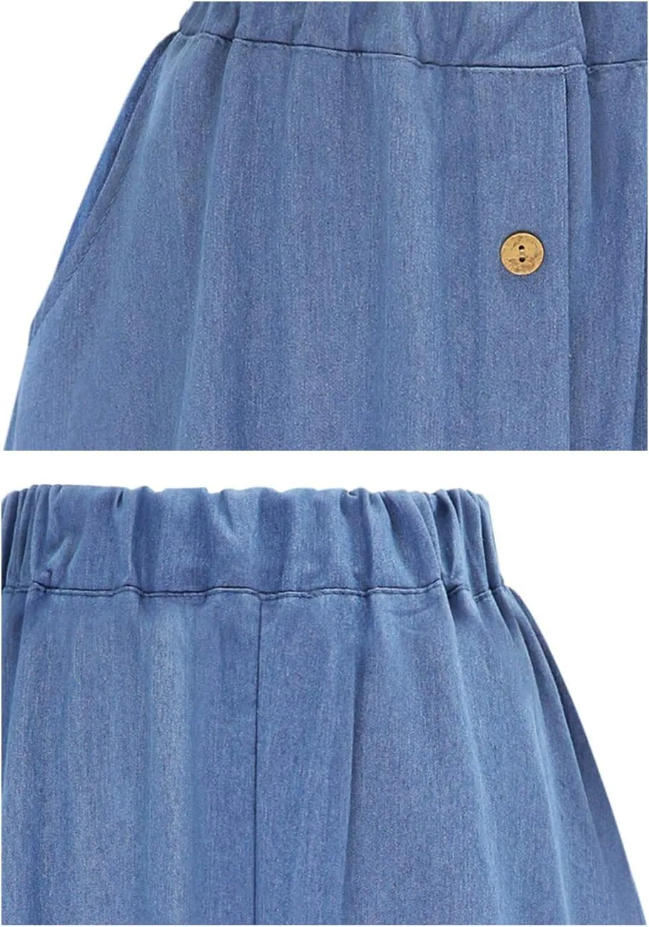 PEHMEA Women's Casual Button Front A-Line Flowy Pleated Midi Long Denim Skirts