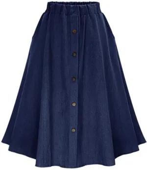 PEHMEA Women's Casual Button Front A-Line Flowy Pleated Midi Long Denim Skirts