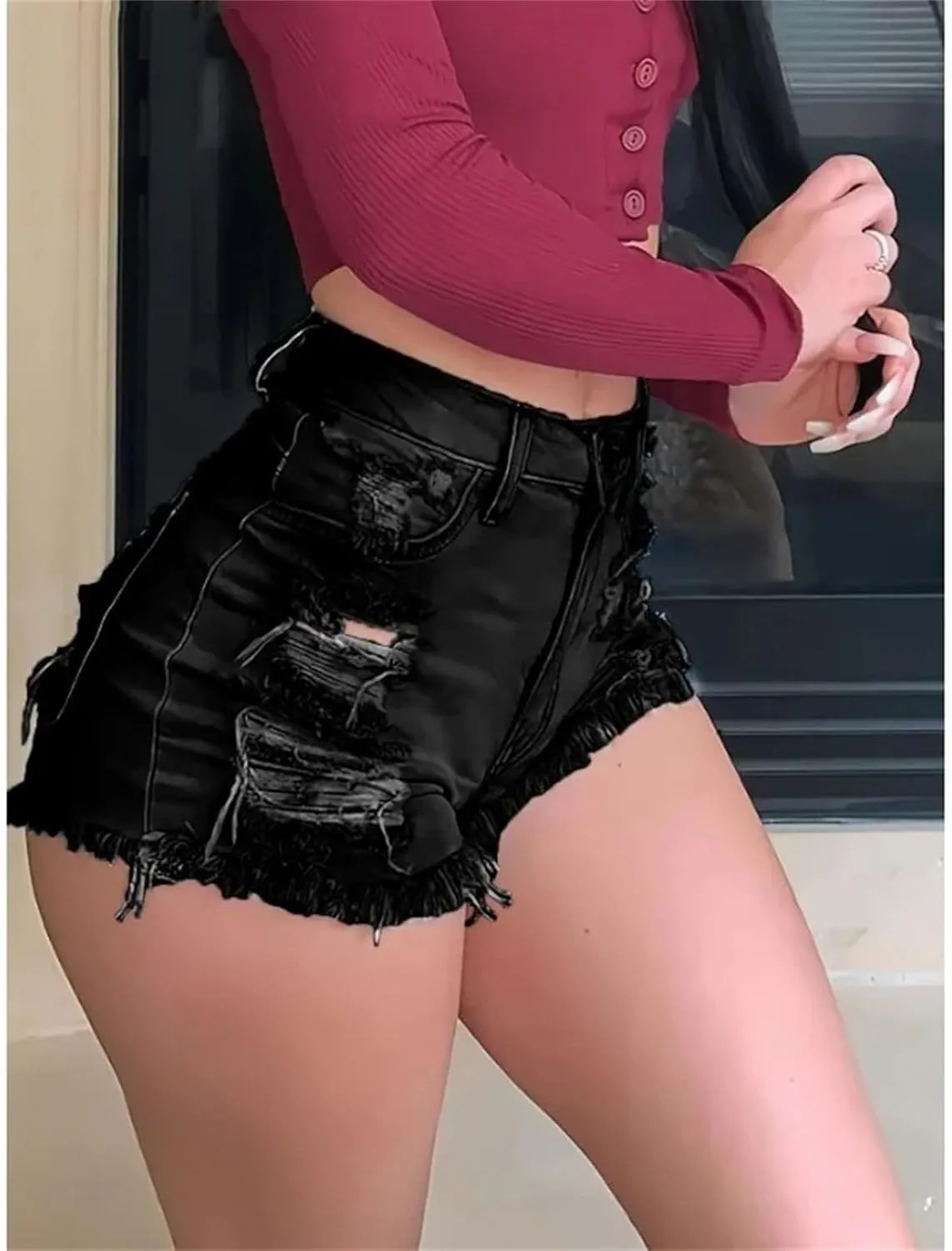 Plus Size Women’s Tassel Denim Shorts Spring Summer High Waist Stretch Club Party