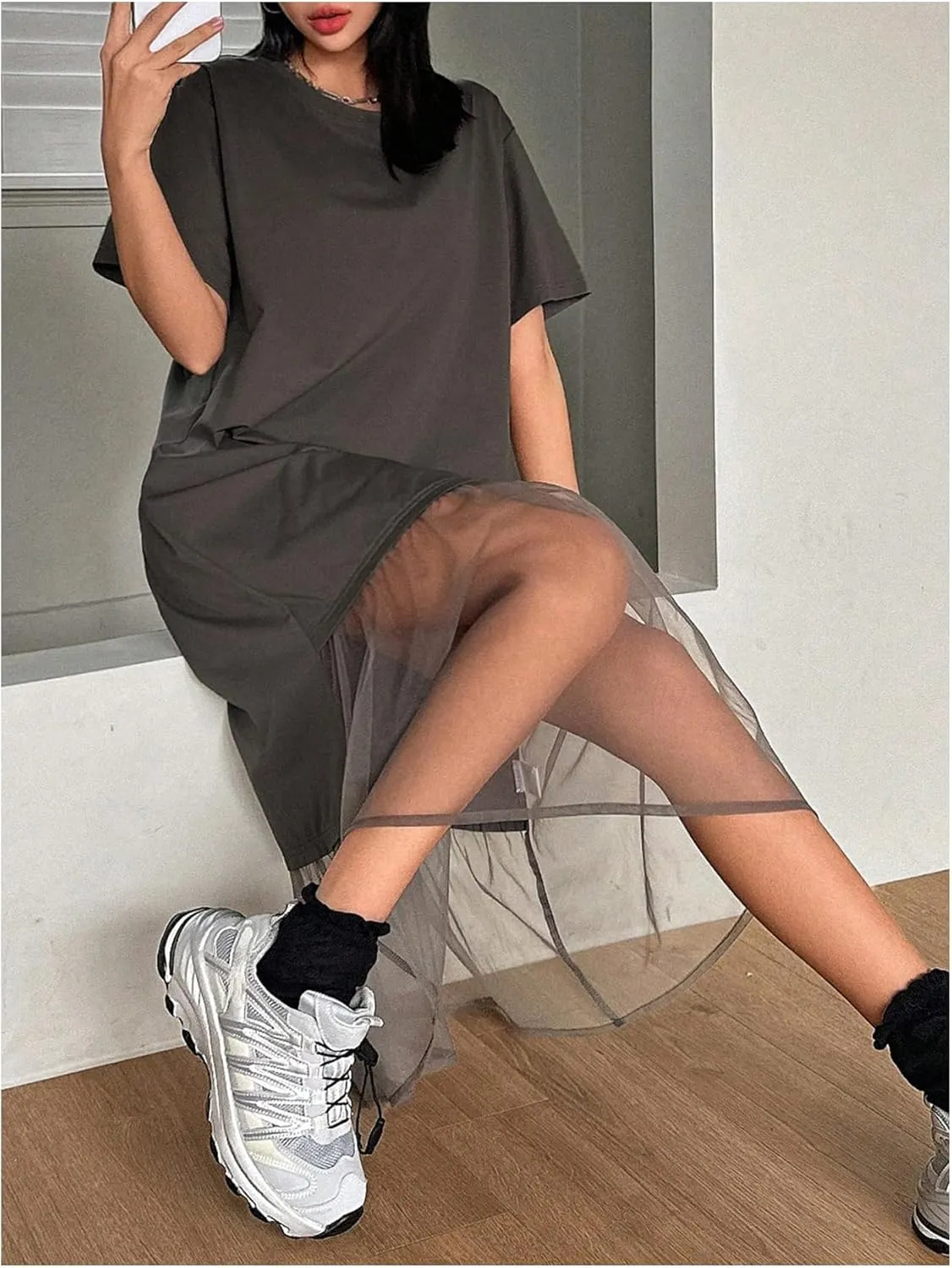 SHENHE Women's Short Sleeve Crewneck Oversized Tshirt Dress Mesh Ruffle Hem Long Dress