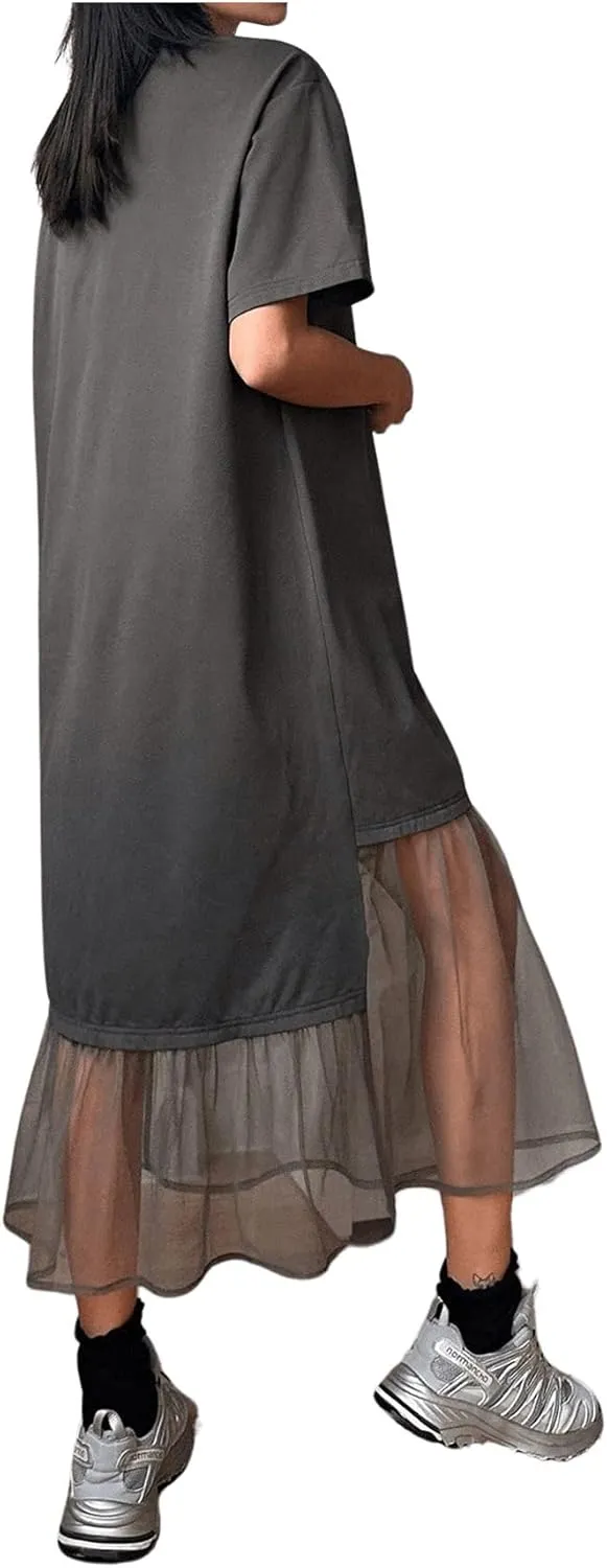 SHENHE Women's Short Sleeve Crewneck Oversized Tshirt Dress Mesh Ruffle Hem Long Dress
