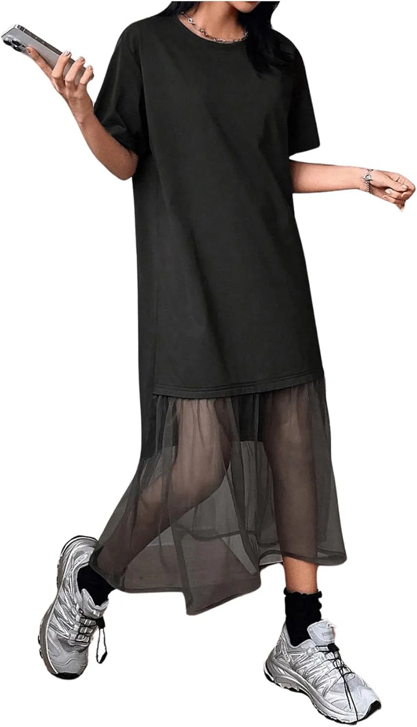 SHENHE Women's Short Sleeve Crewneck Oversized Tshirt Dress Mesh Ruffle Hem Long Dress