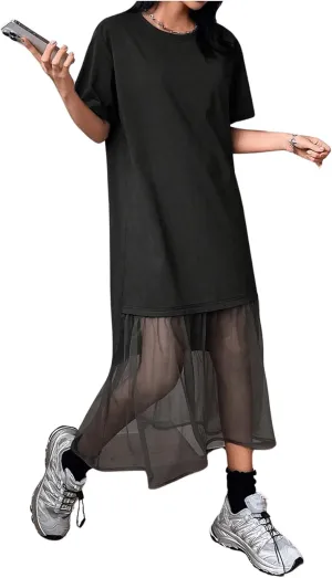 SHENHE Women's Short Sleeve Crewneck Oversized Tshirt Dress Mesh Ruffle Hem Long Dress