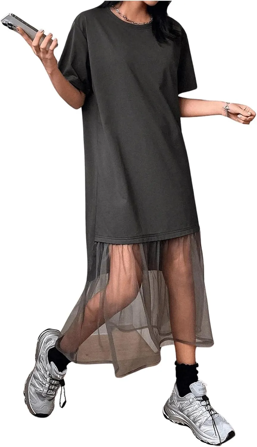 SHENHE Women's Short Sleeve Crewneck Oversized Tshirt Dress Mesh Ruffle Hem Long Dress