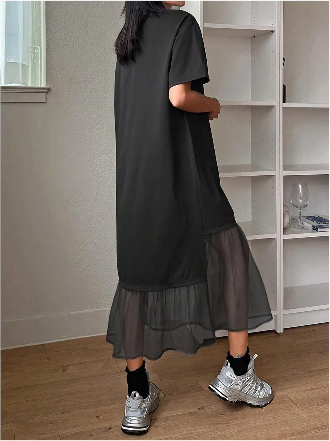 SHENHE Women's Short Sleeve Crewneck Oversized Tshirt Dress Mesh Ruffle Hem Long Dress